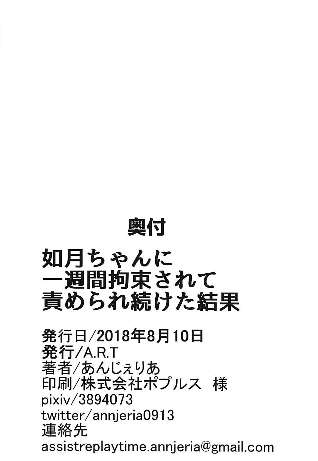 (C94) [A.R.T (あんじぇりあ)] 如月ちゃんに一週間拘束されて責められ続けた結果 (艦隊これくしょん -艦これ-)